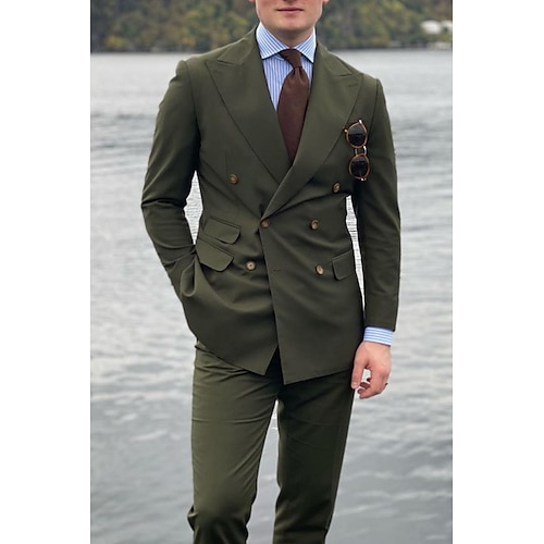 

Army Green Men's Wedding Suits Solid Colored 2 Piece Plus Size Double Breasted Six-buttons 2023