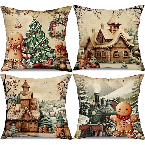 

Christmas Gingerbread Man Double Side 4PC Decorative Toss Pillows Xmas Throw Pillow Covers Soft Pillowcase for Bedroom Livingroom Sofa Couch Chair Bench