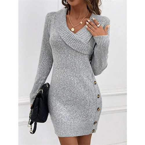 

Fashion Solid Color V Neck Long Sleeve Sweater Dress