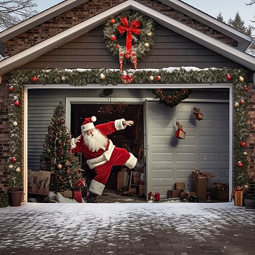 Bannière De Porte De Garage De Noël Grande Taille - Décoration Extérieure Avec Père Noël, Bonhomme De Neige, Cerfs