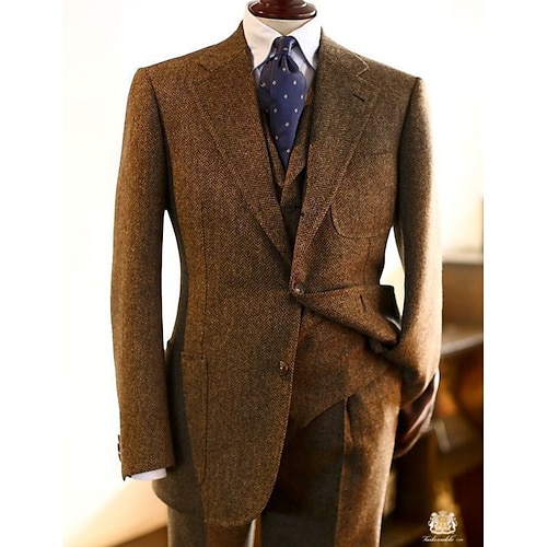 

Combinaisons en tweed Homme Mariage Ensemble 2 pièces Marron à Chevrons Grandes Tailles Droit deux boutons 2023