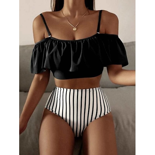 

Women's Swimwear Bikini 2 Piece Normal Swimsuit Ruffle 2 Piece Striped Black Bathing Suits Sports Beach Wear Holiday