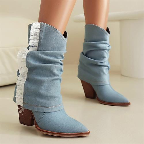 

Women's Boots Cowboy Boots Plus Size Height Increasing Shoes Party Outdoor Solid Color Booties Ankle Boots Tassel Chunky Heel Pointed Toe Bohemia PU Loafer Black Dark Blue Light Blue