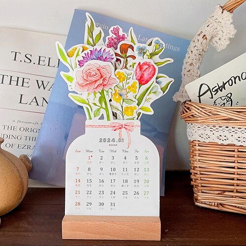 

2024 Blühender Blumen-Tischkalender, kreativer Blumen-Tischkalender, Vasenförmiger Neujahrs-Monatskalenderplan