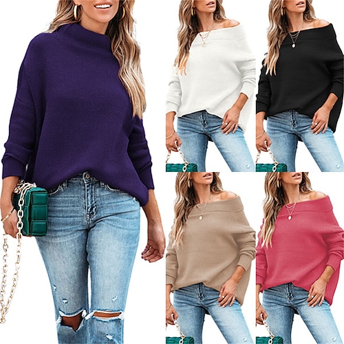 

Women's Pullover Sweater Jumper Off Shoulder Ribbed Knit Acrylic Off Shoulder Fall Winter Regular Outdoor Daily Going out Stylish Casual Soft Long Sleeve Solid Color Black White Purple S M L