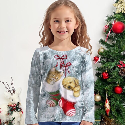 

Christmas Girls' 3D Cat Dog Tee Shirt Long Sleeve 3D Print Fall Winter Active Fashion Cute Polyester Kids 3-12 Years Crew Neck Outdoor Casual Daily Regular Fit