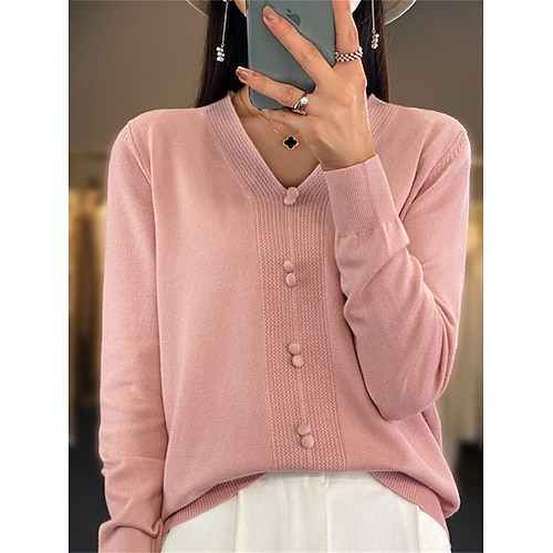 

Pull Femme A côtes Tricoter Col V Polyester énorme Automne Hiver Normal Extérieur du quotidien Sortie mode Décontractées Flexible manche longue Couleur unie Noir Rose Claire Vin M L XL