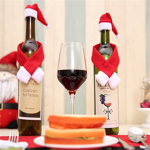 

1 conjunto de tampas para garrafa de vinho, cachecol, chapéu, decoração de garrafa de vinho de natal, presente de ano novo, utensílios de cozinha, acessórios de decoração