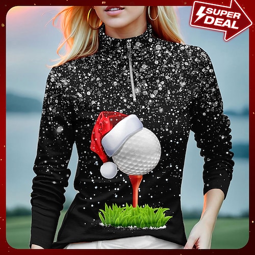 

Women's Polo Shirt Christmas Golf Shirt Breathable Quick Dry Moisture Wicking Long Sleeve Golf Apparel Golf Clothes Regular Fit Zipper Stand Collar Printed Spring Autumn Tennis Golf Pickleball