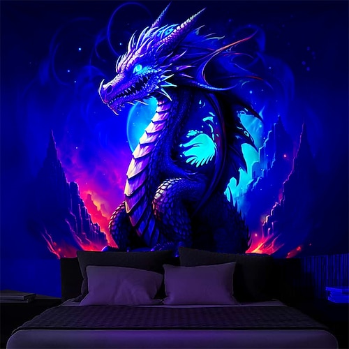 

Schwarzlicht-Wandteppich, UV-reaktives Leuchten im Trippy Dragon, neblige Naturlandschaft, hängender Wandteppich, Wandkunst-Wandbild für Wohnzimmer, Schlafzimmer