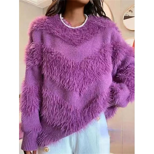 

Women's Pullover Sweater Jumper Crew Neck Ribbed Knit Polyester Knitted Fall Winter Regular Outdoor Daily Date Fashion Streetwear Casual Long Sleeve Solid Color White Pink Purple One-Size