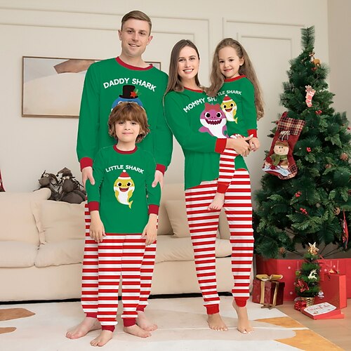 

Olhar de família Natal Pijamas Animal Pijama de Natal fofo Listrado Casa Imprimir Verde Manga Longa Roupas Mamãe e Eu Ativo Roupas Combinando