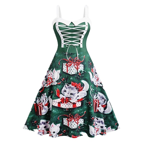 

Ausgefallenes Weihnachtskleid Damen 1950s Weihnachten Maskerade Heiligabend Erwachsene Party Weihnachten Silvester Polyester Kleid