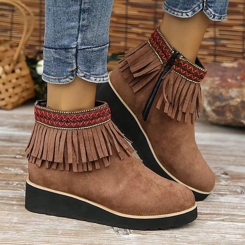 

Women's Boots Platform Boots Plus Size Outdoor Daily Booties Ankle Boots Tassel Platform Wedge Heel Round Toe Vintage Elegant Casual PU Loafer Solid Color Black Blue Brown