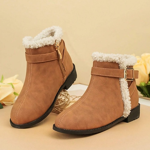 

Women's Boots Snow Boots Combat Boots Plus Size Daily Solid Color Fleece Lined Booties Ankle Boots Winter Flat Heel Round Toe Fashion PU Buckle Black Brown Beige