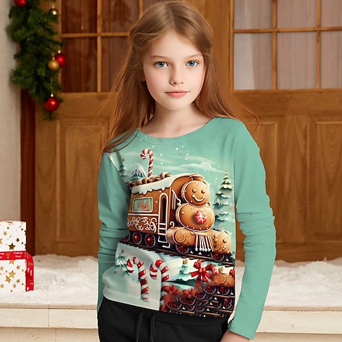 

Weihnachtsmädchen-T-Shirt mit 3D-Zug, langärmlig, 3D-Druck, Herbst, Winter, aktiv, modisch, niedlich, Polyester, Kinder 3–12 Jahre, Rundhalsausschnitt, Outdoor, lässig, täglich, normale Passform