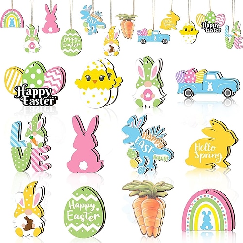 

24 Easter Decorations - Wooden hanging decorations for the Easter tree Easter home dcor - Easter eggs gnomes chicks bunnies2