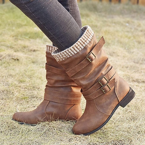 

Femme Bottes Bottes de motard Bottes pull Grandes Tailles Extérieur Travail du quotidien Couleur unie Bottes mi-mollet Hiver Talon Plat Bout rond Elégant Rétro Vintage Mode Faux Cuir Mocassins Noir