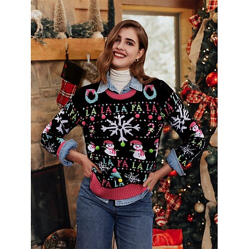 

Pull de Noël moche Femme A côtes Tricoter Col Ras du Cou Acrylique Imprimer Tricoté Automne Hiver Normal Extérieur Noël du quotidien Mode Décontractées Flexible manche longue Animal Lettre Chaque