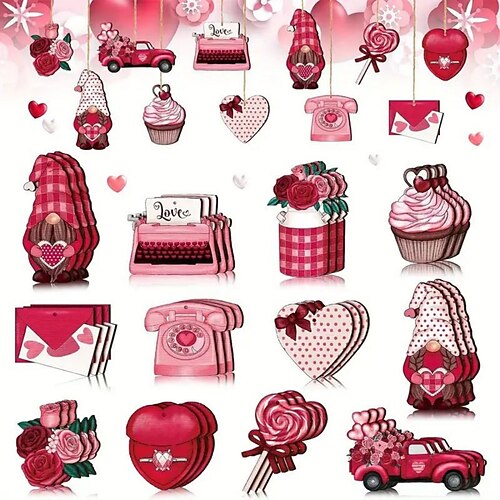 

24pcs Wooden Valentine's Day Wedding Love Red Rose Heart-shaped Lollipop Romantic and Memorable Hanging Decoration Pendant for Outdoor Festival Party Gift (with Rope)