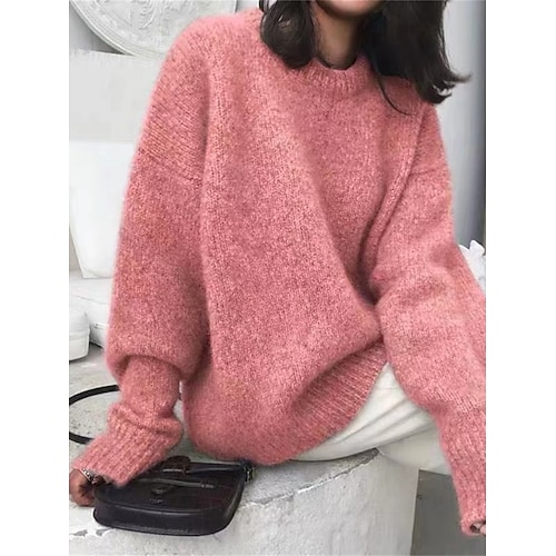 

Women's Pullover Sweater Jumper Crew Neck Ribbed Knit Acrylic Oversized Fall Winter Regular Outdoor Daily Going out Stylish Casual Soft Long Sleeve Solid Color Black Pink Brown One-Size