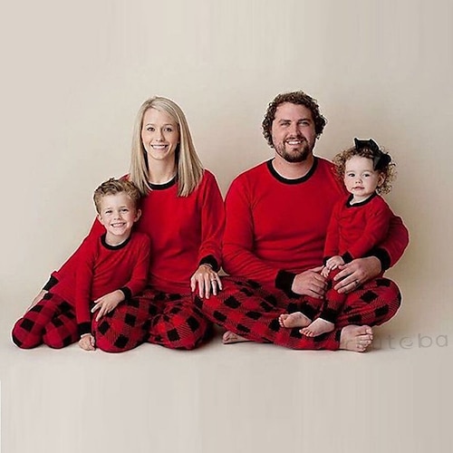 

Family Christmas Pajamas Solid Color Plaid Home Print Red Long Sleeve Mommy And Me Outfits Active Matching Outfits