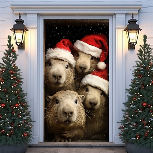 

capibara de navidad animal cubiertas de puerta de navidad tapiz de puerta decoración de cortina de puerta telón de fondo pancarta de puerta para puerta de entrada casa de campo suministros de