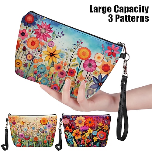 

Bolso de maquillaje para mujer, bolso de mano, bolso de cosméticos, cuero de PU, fiesta, vacaciones, viajes, estampado, bolso para bolígrafos, gran capacidad, plegable, ligero, flor, amarillo claro, rojo oscuro, azul