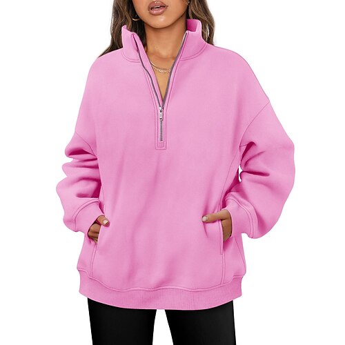 

Moletom Pullover Tecido Half Zip Bolso frontal Moletom Para Mulheres Adulto Não Imprimindo 100% Poliéster Rua Casual / Diário