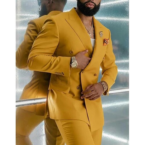 

Yellow Men's Wedding Suits Solid Colored 2 Piece Daily Plus Size Double Breasted Six-buttons 2023