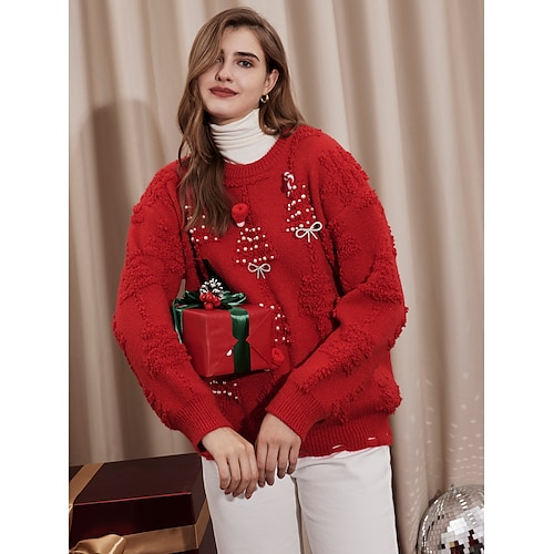 

Mulheres camisolas de natal Gola Redonda Estriado Tricotar Poliéster Tricotado Contas Outono Inverno Padrão Ao ar livre Casa Natal Moda Estilo bonito Casual Manga Longa Árvore de Natal Vermelho S M L