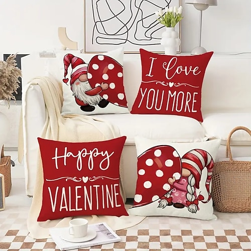 

Valentine's Day Decorative Toss Pillows Cover 4PC Gnomes Soft Square Cushion Case Pillowcase for Bedroom Livingroom Sofa Couch Chair