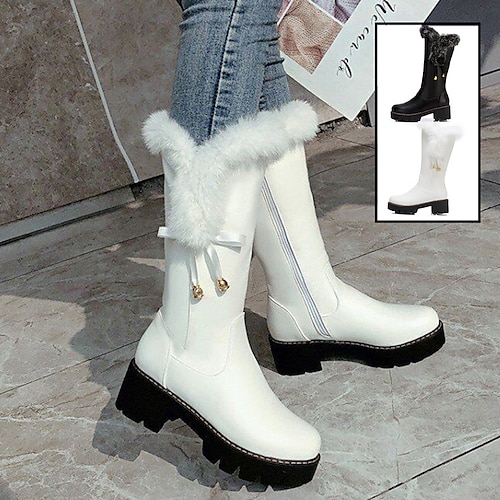 

Women's Boots Snow Boots Plus Size Christmas Xmas Daily Solid Color Fleece Lined Mid Calf Boots Winter Block Heel Chunky Heel Round Toe Vintage Plush Classic PU Zipper Black White