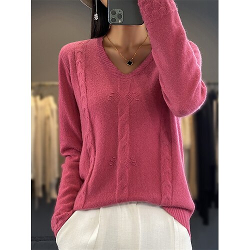 

Mujer Suéter de punto Escote en Pico Cable Tejer Poliéster De Punto Otoño Invierno Regular Exterior Diario Festivos Moda Ropa de calle Casual Manga Larga Color sólido Negro Blanco Verde Claro S M L