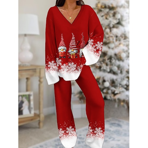 

Women's Christmas Pajamas Sets Santa Claus Snowflake Fashion Comfort Soft Christmas Daily Bed Spandex Breathable V Wire Long Sleeve T shirt Tee Pant Pocket Fall Winter Black Wine