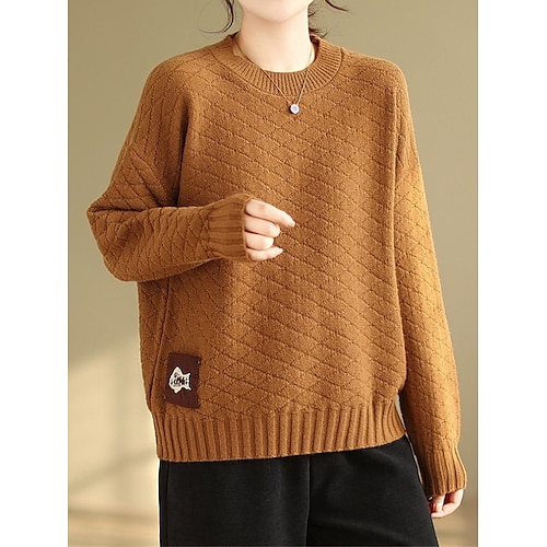 

Damen Pullover Rundhalsausschnitt Gerippt Stricken Polyester Strick Herbst Winter Standard Outdoor Täglich Ausgehen Vintage Modisch Brautkleider schlicht Langarm Feste Farbe Schwarz Gelb Kaffee