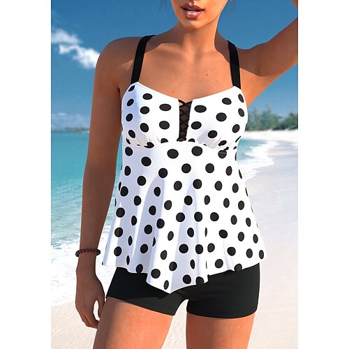 

Mulheres Roupa de Banho Tankini 2 partes Normal roupa de banho 2 Peças Estampado Poá Preto Branco Malha Íntima Fatos de banho Sensual Roupa de Praia Verão