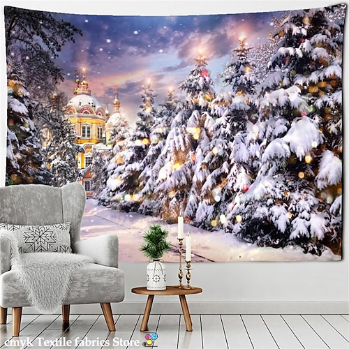 

Castillo árboles nevados tapiz colgante arte de la pared tapiz grande decoración mural fotografía telón de fondo manta cortina hogar dormitorio sala de estar decoración