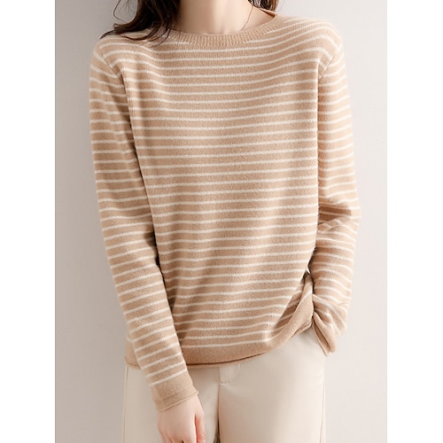 

Women's Pullover Sweater Jumper Crew Neck Ribbed Knit Wool Patchwork Fall Winter Regular Outdoor Daily Going out Stylish Casual Soft Long Sleeve Striped Black White Blue M L XL