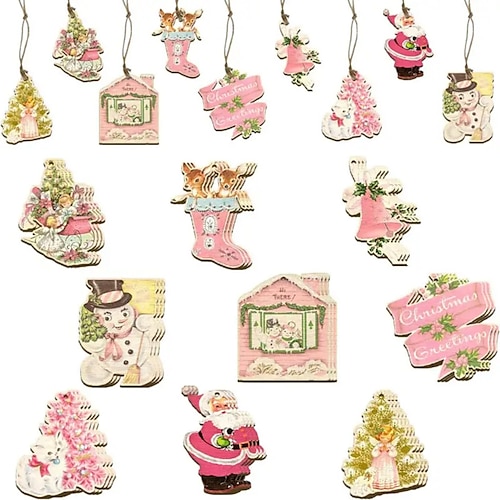 

18pcs Vintage Pink Santa Claus Pendant Wooden SetGift Decoration Pendant Holiday Atmosphere Decoration