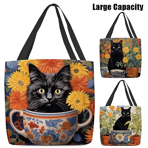 

Women's Tote Shoulder Bag Canvas Tote Bag Polyester Outdoor Shopping Daily Print Large Capacity Foldable Lightweight Cat Character White Yellow Dark Green