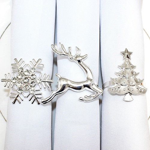 

12pcs Hotel'S Silver Christmas Tree Napkin Ring With Diamond Snowflake Christmas Deer Napkin Buckle Napkin Ring