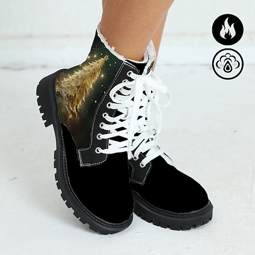 

Women's Boots Print Shoes Plus Size Lace Up Boots Outdoor Christmas Xmas Christmas Tree Fleece Lined Mid Calf Boots Winter Flat Heel Round Toe Closed Toe Fashion Plush Casual Cloth Zipper Lace-up