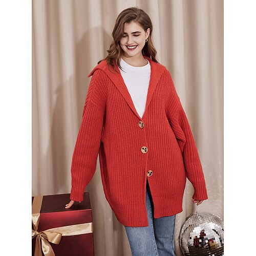 

Mujer Chaqueta suéter Cuello Camisero Estriado Tejer Acrílico Botón De Punto Primavera Otoño Largo Trabajo Diario Noche Moda Casual Suave Manga Larga Color sólido Rojo S M L