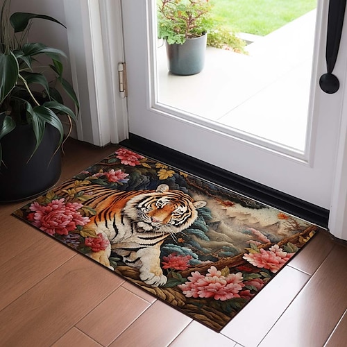 

Floral Tiger Animal Doormat Non-Slip Oil Proof Rug Indoor Outdoor Mat Bedroom Decor Bathroom Mat Entrance Rug Door Mat