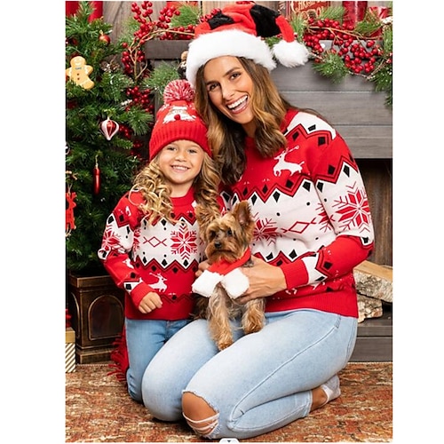 

Mommy and Me Christmas Tops Graphic Snowflake Home Print Red Long Sleeve Mommy And Me Outfits Active Matching Outfits