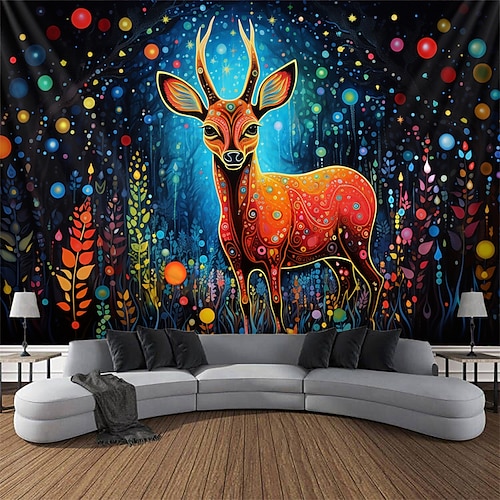 

Blacklight Tapestry UV Reactive Glow in the Dark Colorful Deer Animal Trippy Misty Nature Landscape Hanging Tapestry Wall Art Mural for Living Room Bedroom