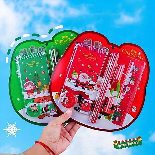 

8pcs/set Christmas Stationery Set Christmas Small Gift Cartoon Student Learning Supplies Including, Pencils, Erasers, Rulers, Pencil Sharpeners, Notebooks Etc