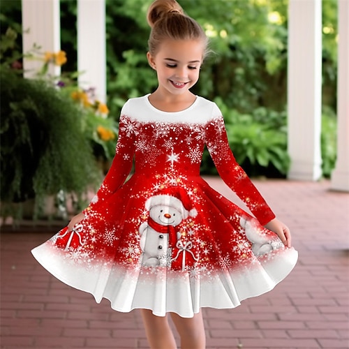 

Christmas Girls' 3D Snowman Snowflake Dress Long Sleeve 3D Print Fall Winter Sports & Outdoor Daily Holiday Cute Casual Beautiful Kids 3-12 Years Casual Dress A Line Dress Above Knee Polyester
