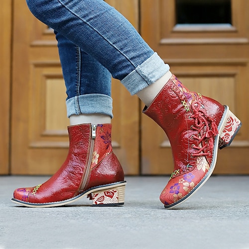 

Femme Bottes Bottes Cow boy Chaussures faites à la main du quotidien Bottines Bottines Fermeture Talon Bottier Bout rond Rétro Vintage Décontractées Confort Cuir Fermeture Couleur unie Floral Rouge